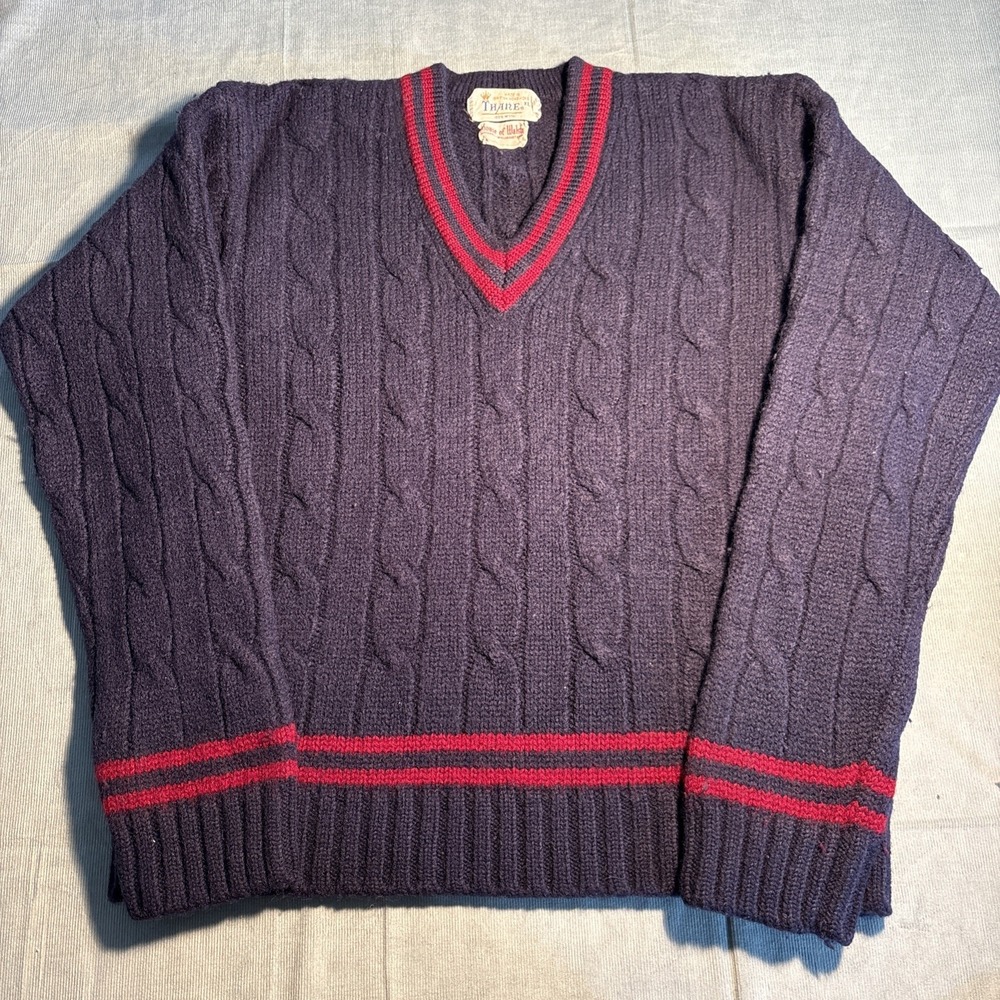 Vintage Thane Wool Cable Knit Sweater Mens XL Navy Red Stripe V-Neck Cricket XL